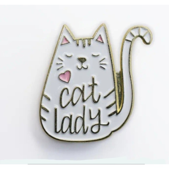 Jewelry - Cat Lady Enamel Pin White Gold Pink Heart Cute Kitty Lapel Pin